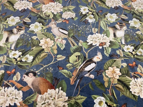 Tropical Velvet Monkey Blue Grey 140cm wide Curtain//Upholstery Fabric