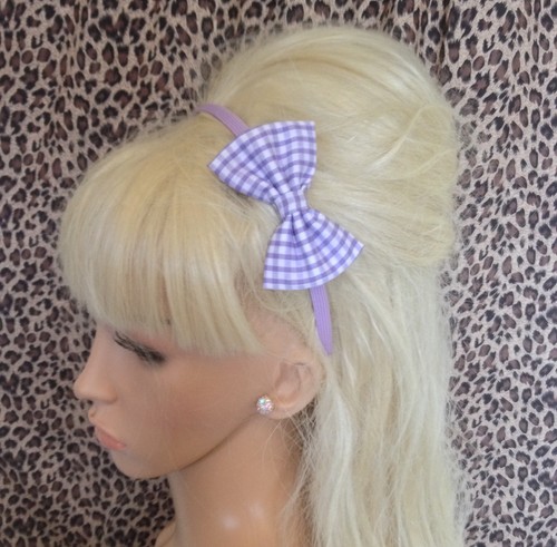 LILAC WHITE GINGHAM PRINT FABRIC SMALL 3/" SIDE BOW SATIN ALICE HAIR HEAD BAND