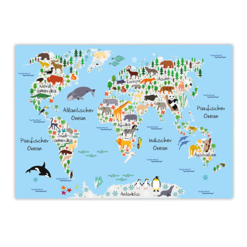 Los niños encantadora mapa del mundo gris póster en a3//a2//a1 habitación infantil