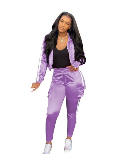 Details about / Womens 2PC SET Gym Casual Shiny Metallic Crop Top Track Jacket Track Pants S-2XL