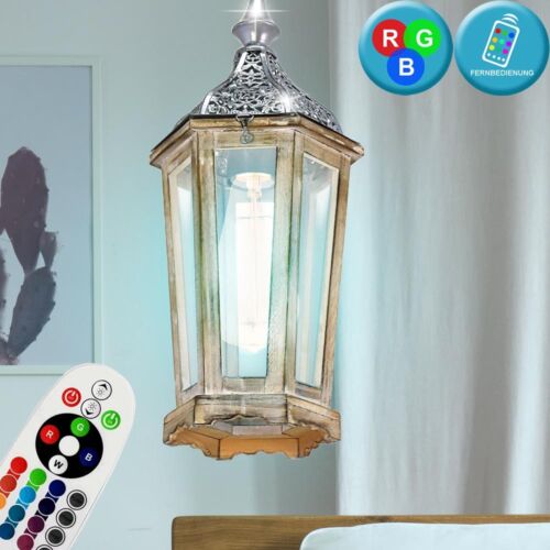 RGB LED Holz Pendel Laterne Vintage Filament Dimmer Farbwechsel Decken Lampe 