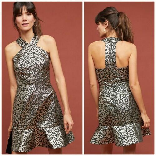 ANTHROPOLOGIE HUTCH TWIGGY HALTER METALLIC JACQUARD COCTAIL DRESS $230