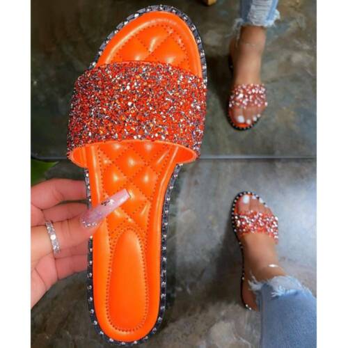 Details about  / Womens Rhinestone Flat Slip On Sliders Sandals Slippers Casual Beach Flats Shoes