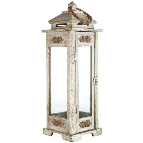 Lantern 22 3//4 in Tall Wooden Carved Design in Antique Gray with Swing Latch