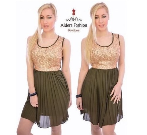 NUOVO partito Belle Signore Oro Paillettes Top in Chiffon Plissettato Skater Abito corto