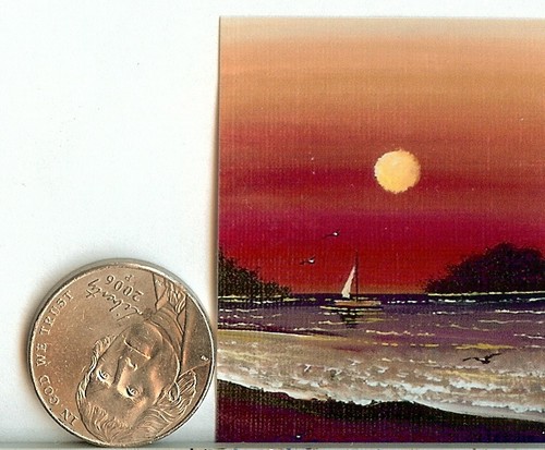 PRINT 2x1.5 Inch GLOSSY Sunset Seascape Boat Dollhouse PRINT 1:12 Scale HYMES