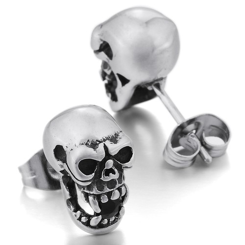 MENDINO Men/'s Stainless Steel Stud Earrings Skeleton Skull Head Punk Rock Silver