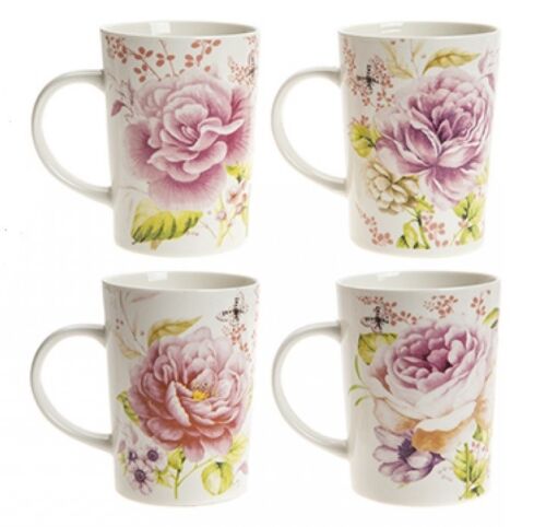 4 X Floral Butterflies China Mugs Tea Cups Coffee Home Kitchen Office