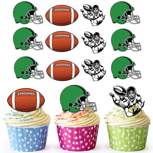 Precut Football Américain Vert Casque-COMESTIBLES CUP Cake Toppers Décorations