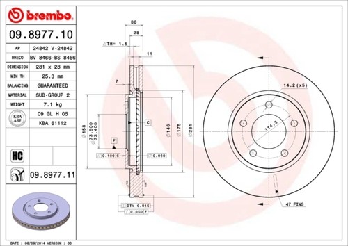 BREMBO BREMSSCHEIBEN BELÄGE VORNE Ø281 CHRYSLER VOYAGER IV 3888094