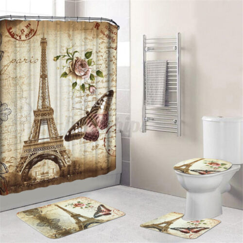 US Eiffel Tower 180x200cm Shower Curtain Pedestal Rug Lid Toilet Cover Bath Mat 