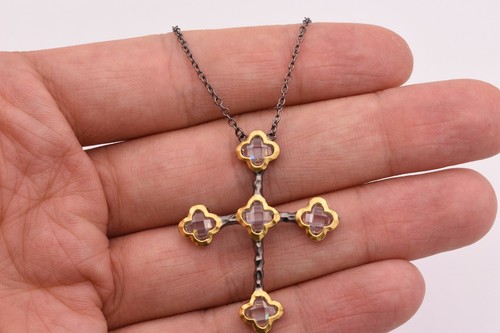 Cross Bezel Set Faceted CZ Pendant Necklace with Black Chain 24K Gold Plated