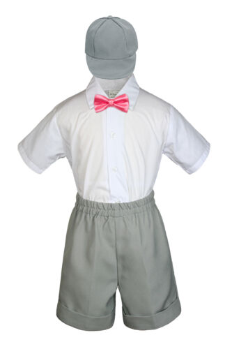 4pc Boy Toddler Formal Coral Pink Bow Tie Hat Shorts  Navy Gray Dark Khaki S-4T
