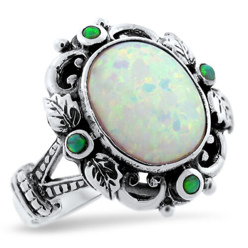 VICTORIAN ANTIQUE STYLE 925 STERLING SILVER LAB OPAL RING SIZE 10           #834 