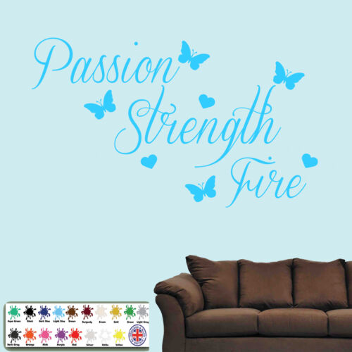 "Passion Strength Fire" Wall Art Quote Sticker Inspirational love hearts 