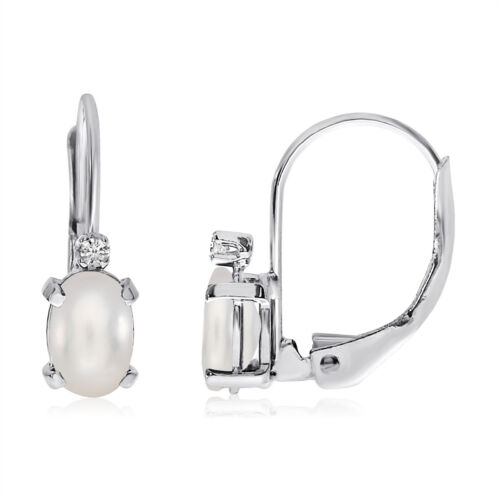 14k White Gold Oval Freshwater Cultured Pearl and Diamond Leverback Earrings 