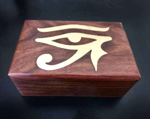 Eye of Horus Egyptian God Handmade Brass Inlay 6" Wooden Tarot Trinket Box Chest