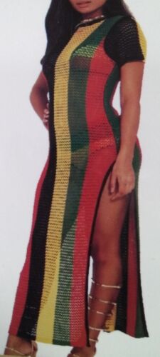 RASTA multicolore Rihanna travail Robe Fente Femme String Mesh Maxi net à rayures 