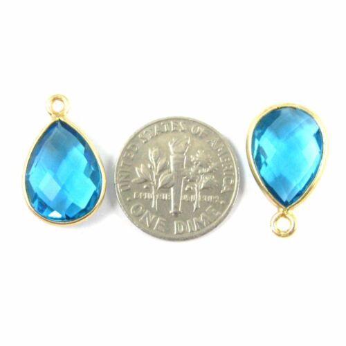 2pcs Small Teardrop 10x14mm Blue Topaz Bezel Gemstone Pendant Gold plated