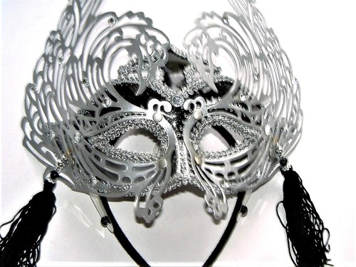 MASQUERADE BLACK MASK WITH SILVER FILIGREE DESIGN WITH JEWELS AND TASSELS NEW