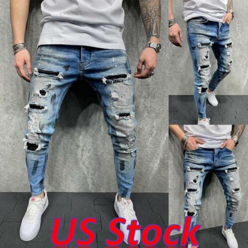 Mens Ripped Skinny Denim Trousers Stretch Distressed Jeans Slim Fit Casual Pants