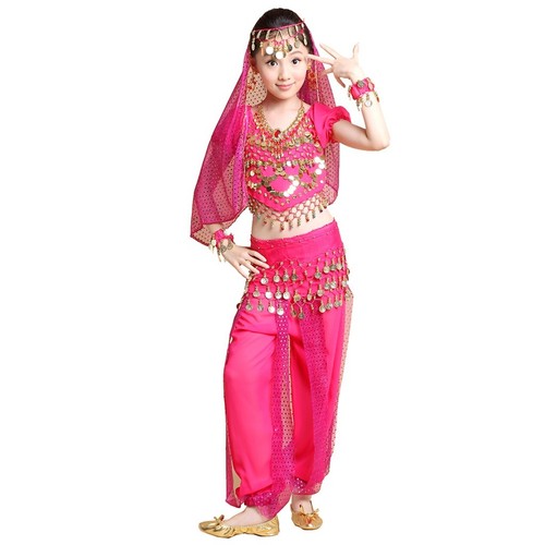Girls Kid Indian Belly Dance Costume Top Pants Outfit Bollywood Halloween Cloth