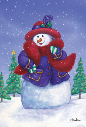 Toland Red Hat Snowlady 12.5 x 18 Winter Snowman Purple Tree Garden Flag