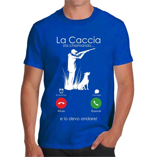 T SHIRT LA CACCIA STA CHIAMANDO MAGLIETTA DIVERTENTE COTONE T-SHIRT FUCILE CANE