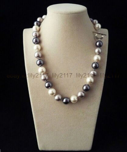 22 Inch Rare Huge 12mm Real Black White Gray Mix South Sea Shell Pearl Necklaces 