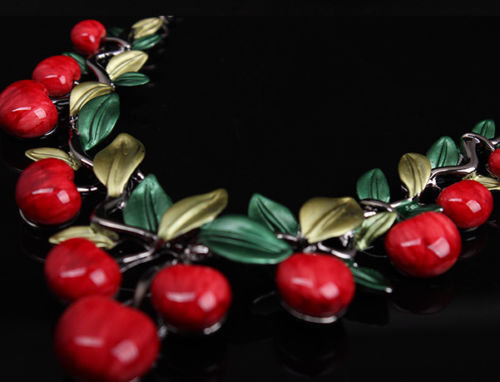 new Women Cute Party Jewelry Red Cherry Crystal Diamante Necklace Earrings Set