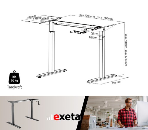 EXETA höhenverstellbarer Schreibtisch Tischgestell schwarz Bürotisch mit Kurbel