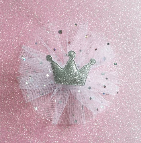 4.5/" Handmade White Glitter Tulle Hair Bow Clip with Silver Glitter Crown