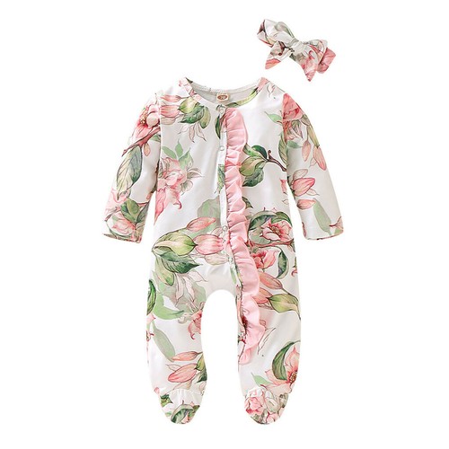 Newborn Infant Baby Girl Boy Footed Sleeper Romper Headband Floral Print Outfits