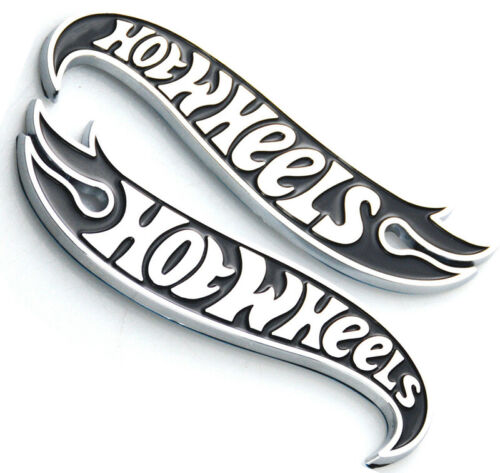 2x Hot Wheels Black Chrome Side Fender Lid Hood Badges Hotwheels Decals Emblems 
