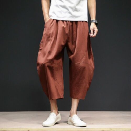 Men Linen Cotton Cropped Pants Loose Harem Oversize Trousers Beach Casual M-5XL