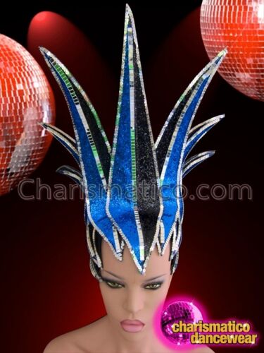 Sleek Mirror Tile Edged Royal Blue and Black Glitter Futuristic Headdress 
