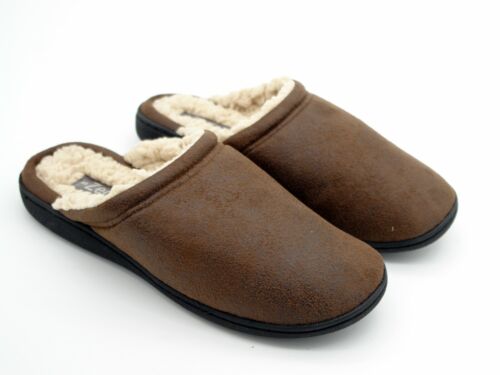 Mens Slippers Mule Brown Slip On Faux Leather Uppers and Fur Lining Brand New