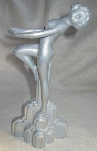 Frankart style art deco nymph with her arms out sanded aluminum figurine 9/" USA