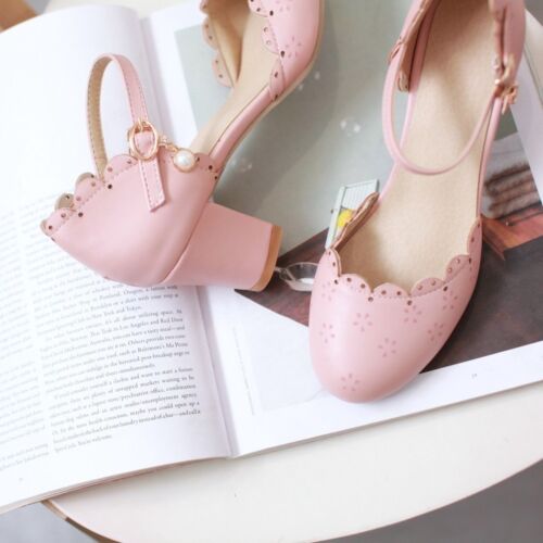 Details about   Sweet Womens Lolita Mary Jane Ankle Strap Block Mid Heels Kawaii Shoes Plus Size 
