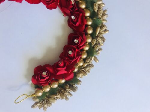 Details about   Indian Bridal Red Green Gold Pearl Artificial Flower Jooda Hair Accessory 