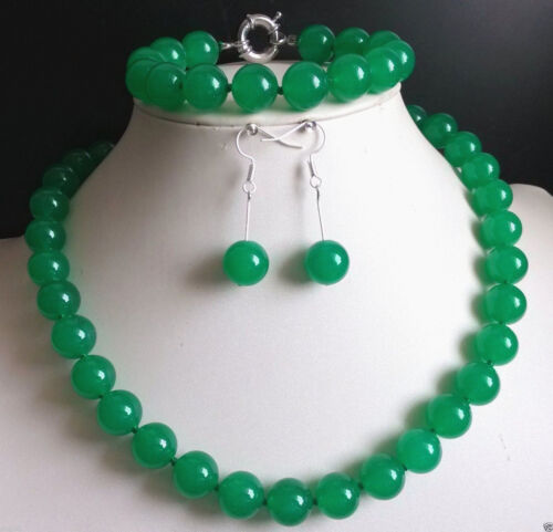 8//10mm Vert Jade Ronde Perle Collier Bracelet Boucle d/'oreille Bijoux Set