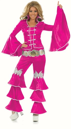 Ladies 70/'s Dancing Queen Pink fancy dress costume Music Mamma Mia Outfit Flares