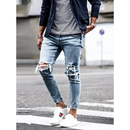 Retro Summer Men/'s Ripped Zipper Denim Long Pants Slim Fit Casual Jeans Trouser