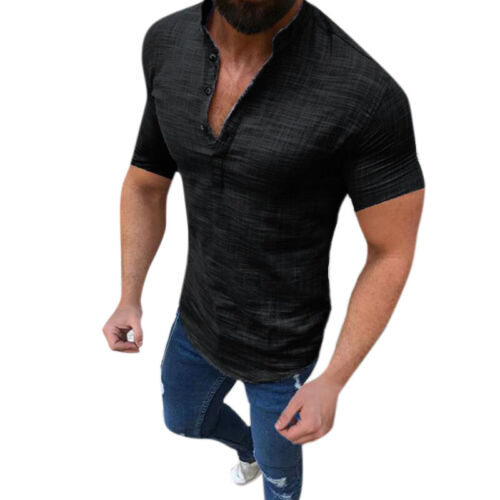 Mens Casual Short Sleeve T Shirt Grandad Collar Loose Fit Tops Muscle T-Shirts 