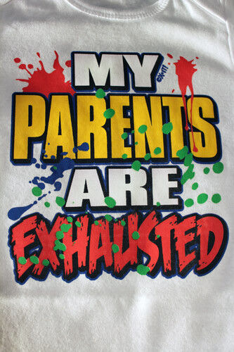 Details about  / My parents are exhausted funny t-shirt tees boy girl graphic novelty clothes new