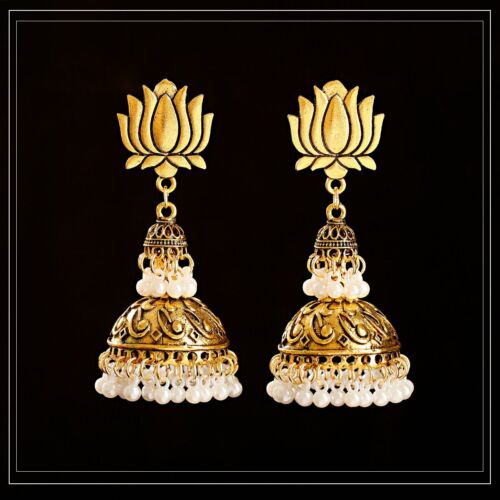 Vintage Gold Silver Bollywood Oxidized Women Pearl Tassel Jhumka Dangle Earring