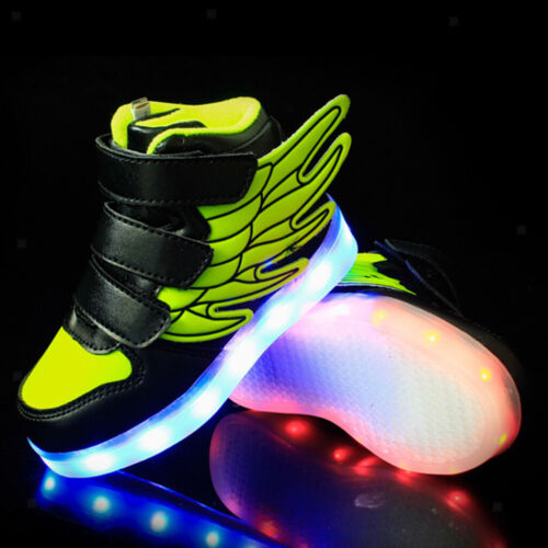 LED Light Up Kids Boys Girls Trainers PU Leather Sneakers Luminous Shoes Green