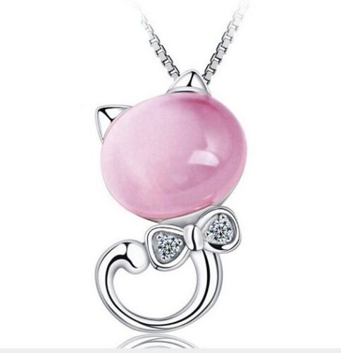 Sterling Silver Necklace Opal Stone Kitty Cat Bow Pendant Chain Gift Box Pink A3 