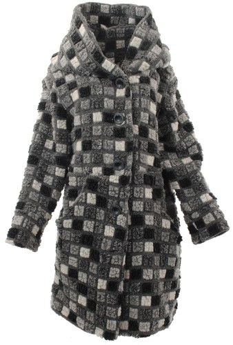 Womens Italian Boiled Wool Multi Square Knit Hooded Ladies Jacket Coat Coatigan