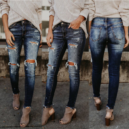 Women Hight Waisted Skinny Hole Denim Jeans Stretch Slim Pants Calf Length Jeans